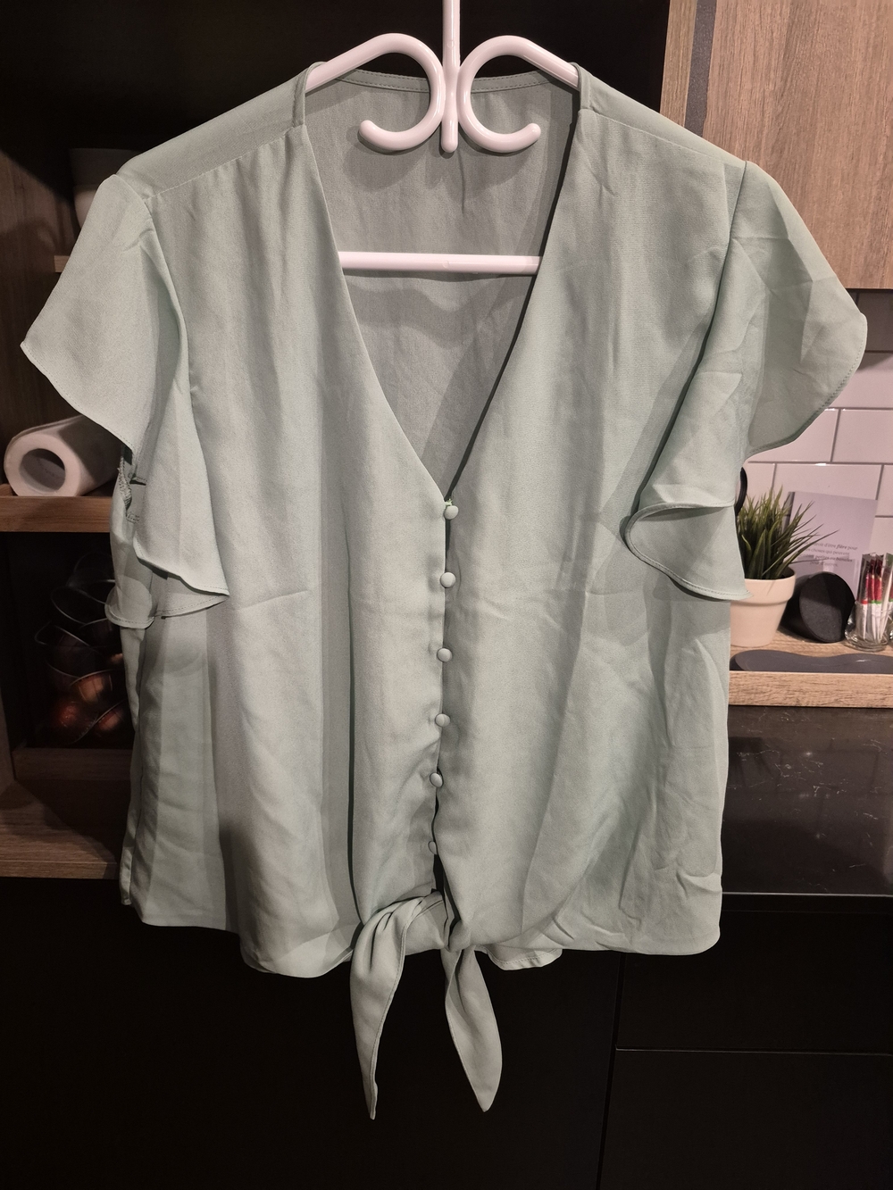 Women's Sage Green Tie-Front Button V-Neck Top
